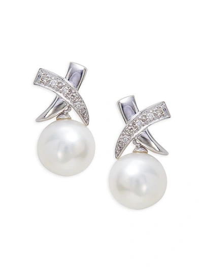 Belpearl Women's 14k White Gold, 8.5mm Cultured Freshwater Pearl & Diamond Earrings