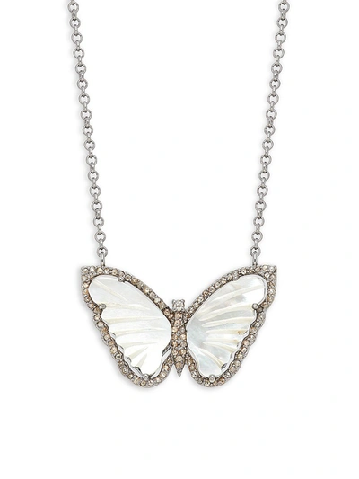 Banji Jewelry Women's Sterling Silver, Mother-of-pearl & Diamond Butterfly Pendant Necklace