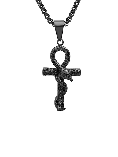 Anthony Jacobs Men's Black Ip Stainless Steel Snake Cross Pendant Necklace