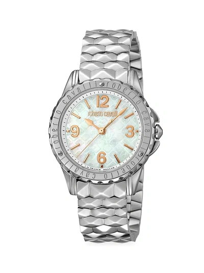 Roberto Cavalli By Franck Muller Women's Swiss Quartz Silver Stainless Steel Bracelet Mother Of Pearl Dial Watch, 34 In Gold Tone,silver Tone,white