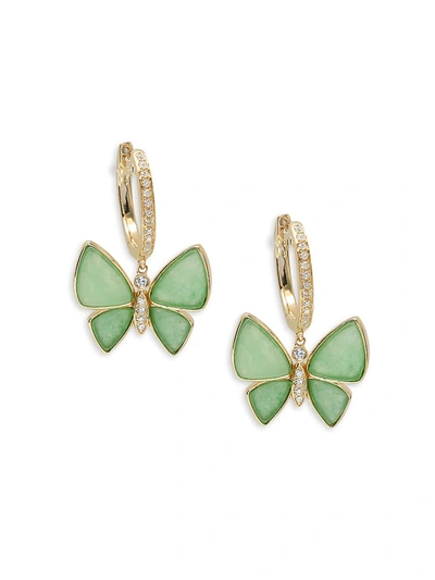 Effy Women's 14k Yellow Gold, Green Jade & Diamond Butterfly Earrings