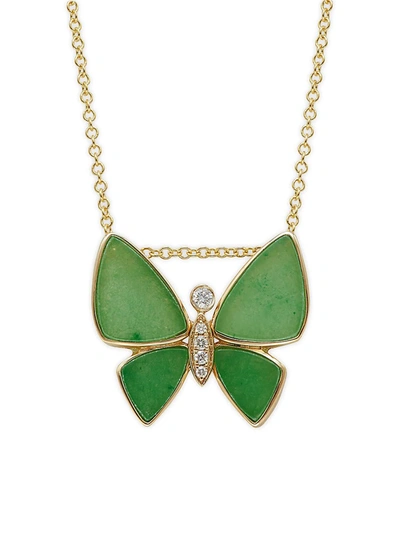Effy Women's 14k Yellow Gold, Jade & Diamond Butterfly Pendant Necklace