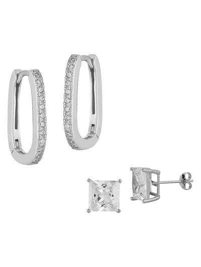 Chloe & Madison Women's Set Of 2 Rhodium Plated Sterling Silver & Cubic Zirconia Oblong Hoop & Stud Earrings
