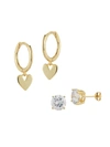 Chloe & Madison Women's Set Of 2 18k Gold Vermeil & Cubic Zircona Stud & Heart Huggie Hoop Drop Earrings In Gold