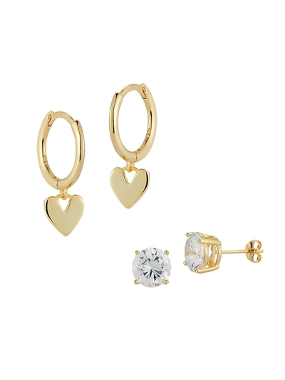Chloe & Madison Women's Set Of 2 18k Gold Vermeil & Cubic Zircona Stud & Heart Huggie Hoop Drop Earrings