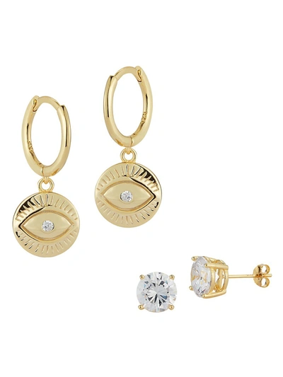 Chloe & Madison Women's Set Of 2 18k Gold Vermeil & Cubic Zirconia Stud & Evil Eye Huggie Drop Earrings