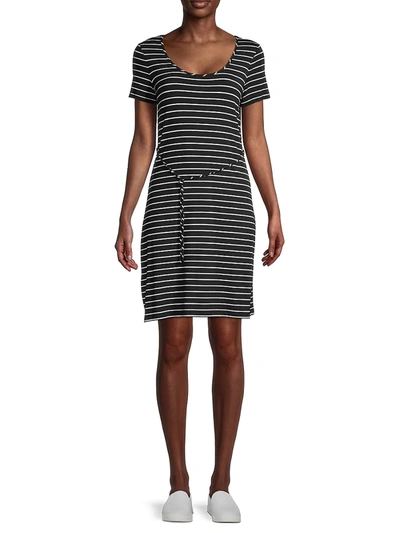 Calvin Klein Striped Belted A-line Dress In Black White