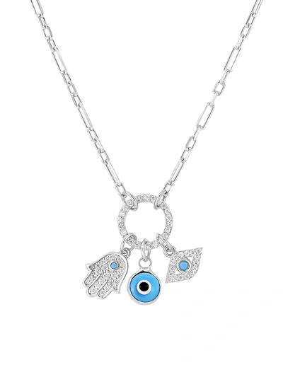 Chloe & Madison Women's Rhodium Plated Sterling Silver & Cubic Zirconia Hamsa & Evil-eye Pendant Necklace