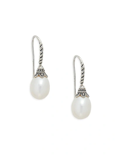 Belpearl Women's Oceana Black Rhodium, Sterling Silver & 10mm Oval Cultured White Pearl Drop Earrings