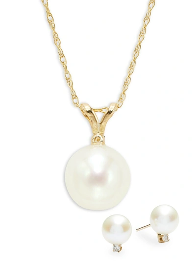 Belpearl Women's 2-piece 14k Yellow Gold, 7mm Cultured Freshwater Pearl & Diamond Pendant Necklace & Stud Ear