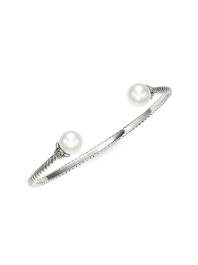 Belpearl Women's Sterling Silver, Black Rhodium-plated & 8mm Cultured White Pearl Bangle Bracelet