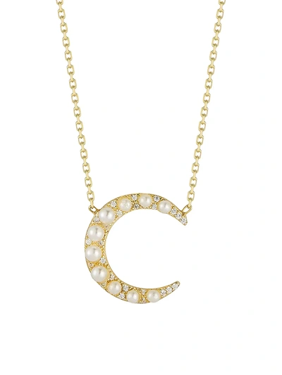 Chloe & Madison Women's 14k Yellow Goldplated Sterling Silver, Cubic Zirconia & Freshwater Pearl Crescent Moon Neckl
