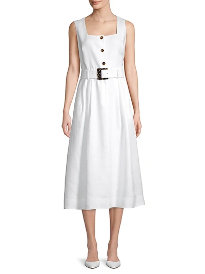 Lafayette 148 Chris Sleeveless Belted Lavish Linen Dress In White