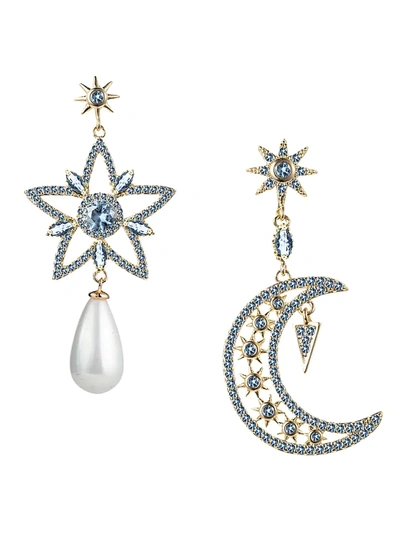 Eye Candy La Women's Luxe Goldtone, Cubic Zirconia & 8mm Shell Pearl Mini Star & Moon Drop Earrings In Brass