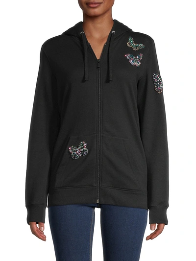 Valentino Women's Embellished Butterfly Zip-front Hoodie In Nero