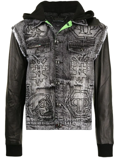 Philipp Plein Embroidered Hooded Denim Jacket In Schwarz