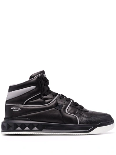 Valentino Garavani Black One Stud High Top Leather Sneakers In Black,grey
