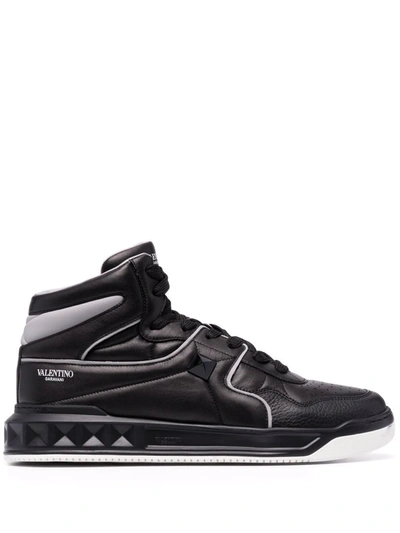 Valentino Garavani Black One Stud High Top Leather Trainers In Multi-colored