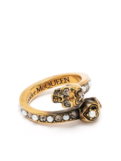 Alexander Mcqueen Gold-plated Crystal And Pearl Embellished Skull Ring