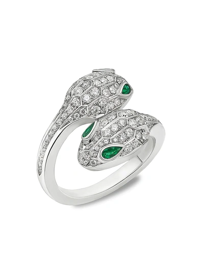 Bvlgari Women's Serpenti Seduttori 18k White Gold, Diamond & Emerald 2-head Snake Ring