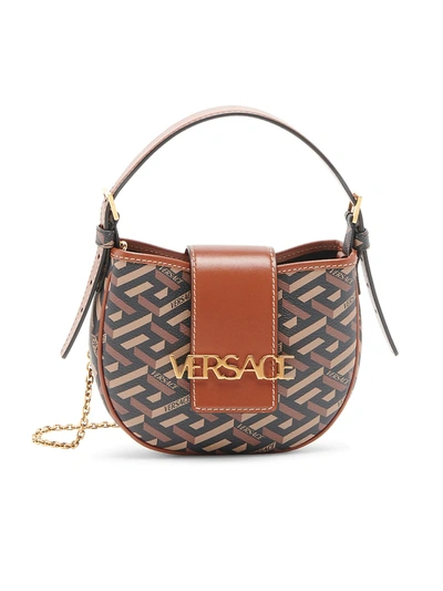 Versace Mini Coated Canvas Monogram Shoulder Bag In Black,caramel