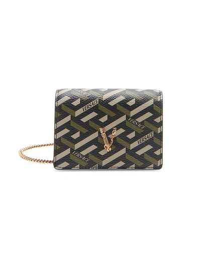 Versace Coated Canvas Monogram Card Case-on-chain In Black Multi