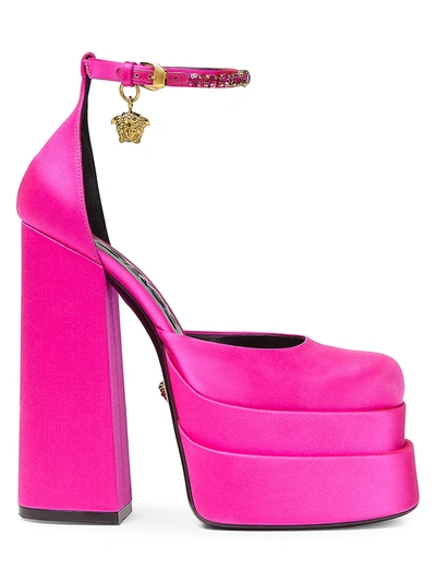 Versace Medusa Aevitas Embellished Satin Platform Pumps In Fuchsia