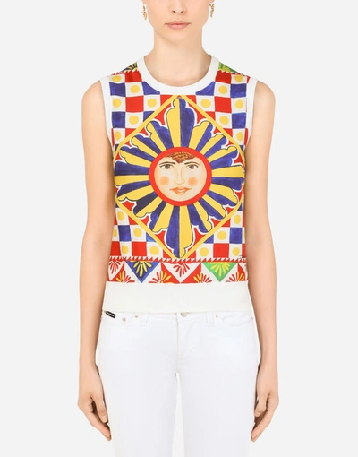 Dolce & Gabbana Printed Silk Sweater Vest In Weiss