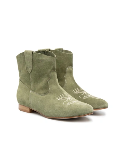Bonpoint Kids' Texas Embroidered Suede Boots In Green