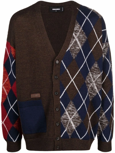 Dsquared2 Argyle Intarsia Wool Knit Cardigan In Brown,multi