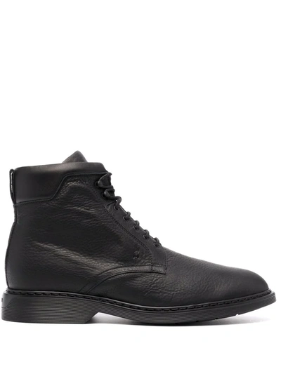 Hogan Lace-up Leather Boots In Black
