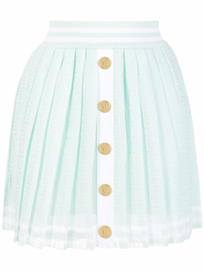 Balmain Women's Pleated Monogrammed Jacquard Skirt In Green