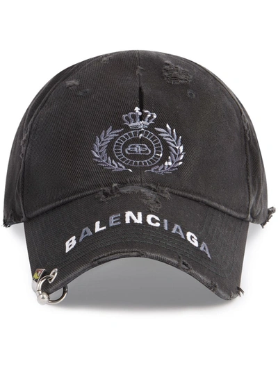 Balenciaga Distressed Logo-embroidered Cotton-twill Baseball Cap In Black