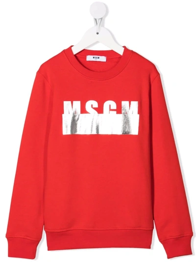 Msgm Kids' Metallic Logo-print Cotton Sweatshirt In Red