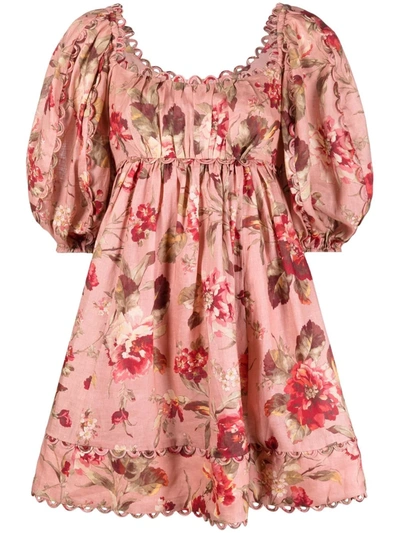 Zimmermann Cassia Scalloped Floral-print Linen Mini Dress In Pink,red,brown