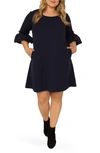 Standards & Practices Crepe Knit Balloon Sleeves Midi Shift Dress In Navy