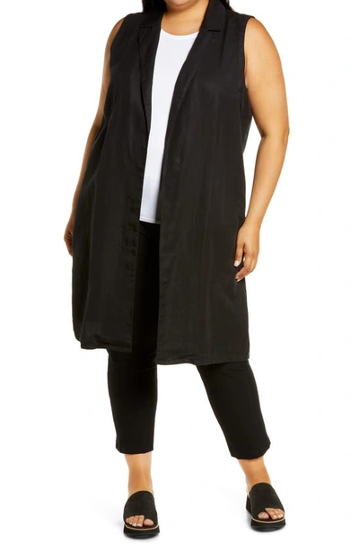 Eileen Fisher Open Front Long Twill Vest In Black