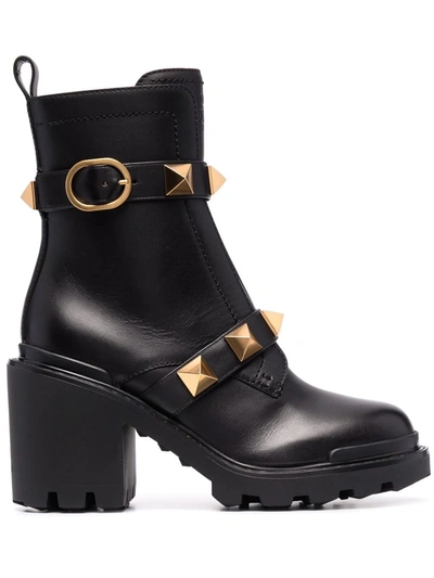 Valentino Garavani Roman Stud Buckled Ankle Boots In Black