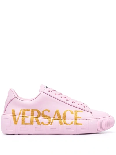 Versace La Greca Glitter Logo Leather Sneakers In Pink