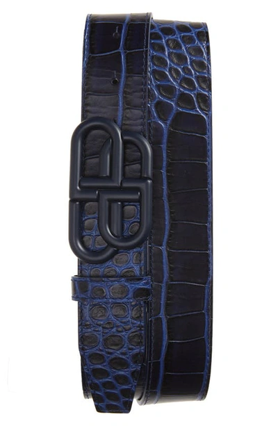 Balenciaga Bb Logo Buckle Croc Embossed Leather Belt In Navy