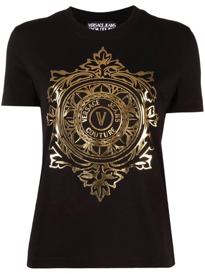 Versace Jeans Couture Logo Print Cotton Jersey T-shirt In Black,gold