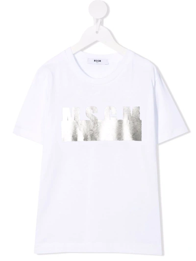 Msgm Kids' Metallic Logo-print Cotton T-shirt In White