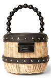 Btb Los Angeles Mason Straw & Leather Bucket Bag In Black