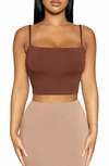 Naked Wardrobe Solid Vibes Stretch Crepe Jersey Crop Top In Chocolate