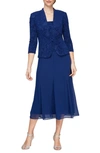 Alex Evenings Glitter Mock Two-piece Midi Dress With Jacket In Electric/blue