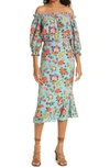 Saloni Grace Off-the-shoulder Floral-print Silk Crepe De Chine Midi Dress In 1588-azure Dahlia