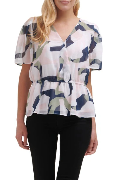 Dkny Sportswear Abstract Print Faux Wrap Blouse In Ivory Herb