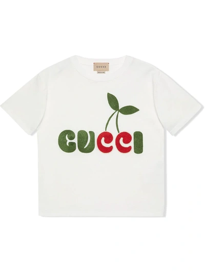 Gucci Kids' 樱桃logo大廓型棉质t恤 In White