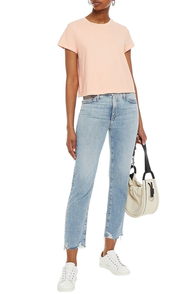 Ag Cropped Distressed High-rise Straight-leg Jeans In Blue