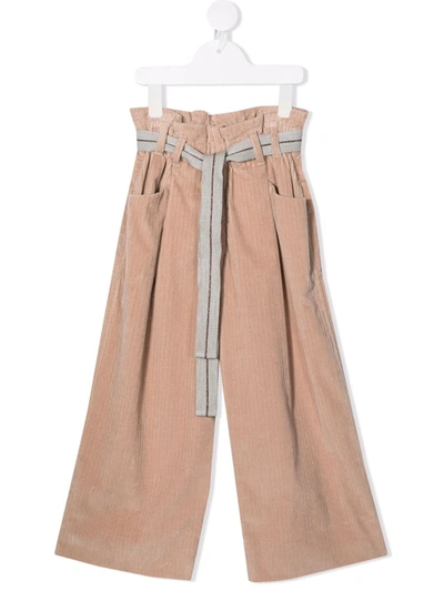 Brunello Cucinelli Kids' Paperbag-waist Corduroy Trousers In 中性色